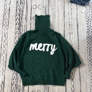 SHEIN Forest Green Turtleneck Sweater with 'Merry' Text